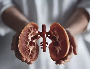 Female doctor holding human kidney model in her hands. closeup view
